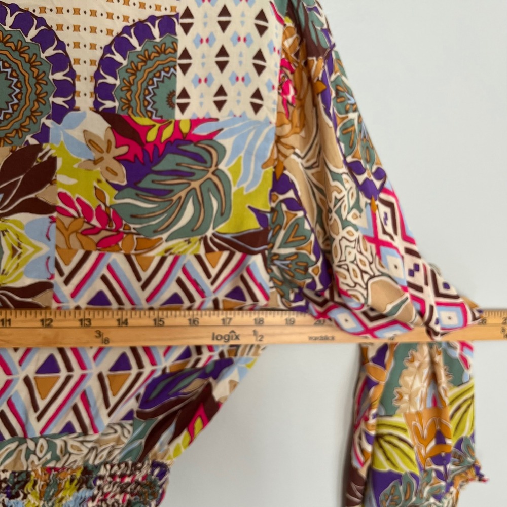 Zara Patchwork Print Boho Twist Front Cropped Bell Sleeve V-Neck Hippie Festival - Picture 5 of 8
